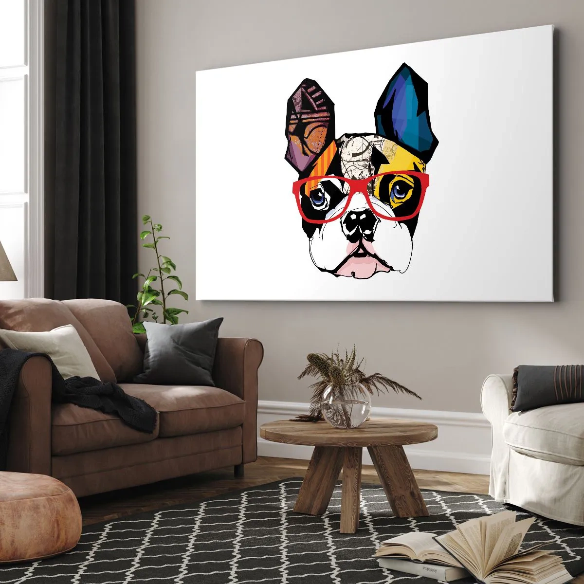 Bild auf Leinwand - Leinwandbild - Bulldogge in einer bunten Illustration mit roter Brille - 100x70cm - Intellektuelle - Moderne Wanddekoration für Wohnzimmer und Schlafzimmer ARTTOR