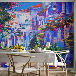 Fototapete Standard Eco - Eine bunte Straße mit Blumen im malerischen Stil - 100x70cm - Impresja - eine italienische Straße - Moderne Wanddekoration für Wohnzimmer und Schlafzimmer ARTTOR