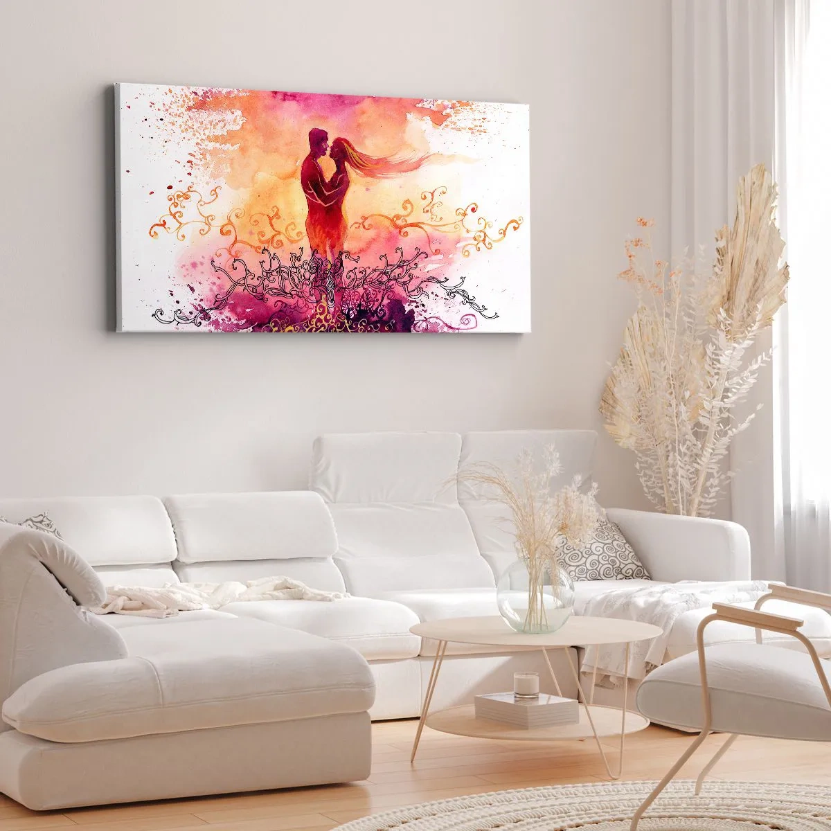 Bild auf Leinwand - Leinwandbild - Ein Paar umarmt sich vor einem abstrakten rosa und orangefarbenen Muster - 140x50cm - Ein Herz! ich brauche so wenig... - Moderne Wanddekoration für Wohnzimmer und Schlafzimmer ARTTOR