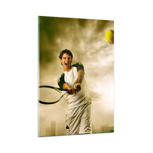 Glasbild - Bild auf glas - Ein Tennisspieler schlägt den Ball vor der Kulisse einer Stadt - 50x70cm - Energie und Freude - Moderne Wanddekoration für Wohnzimmer und Schlafzimmer ARTTOR