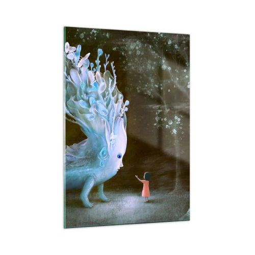 Glasbild - Bild auf glas - Ein Mädchen begegnet im Wald einem magischen Wesen. - 50x70cm - Fantastisches Treffen - Moderne Wanddekoration für Wohnzimmer und Schlafzimmer ARTTOR