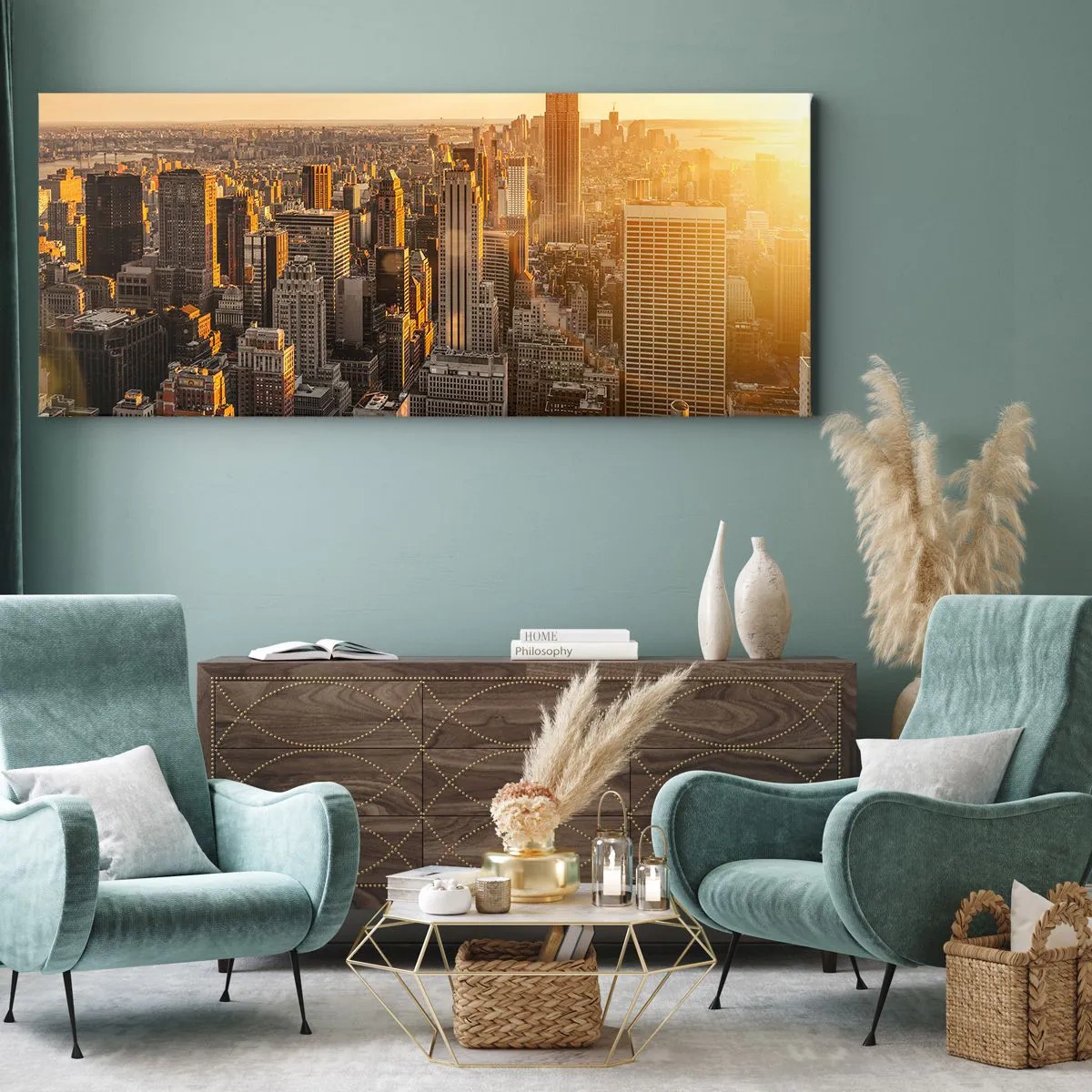 Bild auf Leinwand - Leinwandbild - Skyline von New York City bei Sonnenuntergang mit Blick auf das Empire State Building - 120x50cm - In der Sonne wachsen - Moderne Wanddekoration für Wohnzimmer und Schlafzimmer ARTTOR