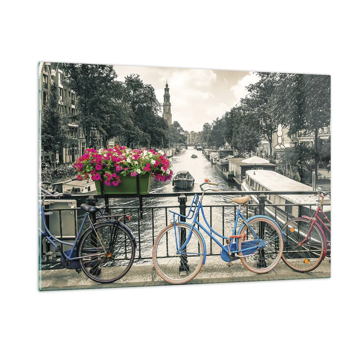 Glasbild - Bild auf glas - Bunte Fahrräder auf der Kanalbrücke - 120x80cm - Die Farben der Amsterdamer Straße - Moderne Wanddekoration für Wohnzimmer und Schlafzimmer ARTTOR