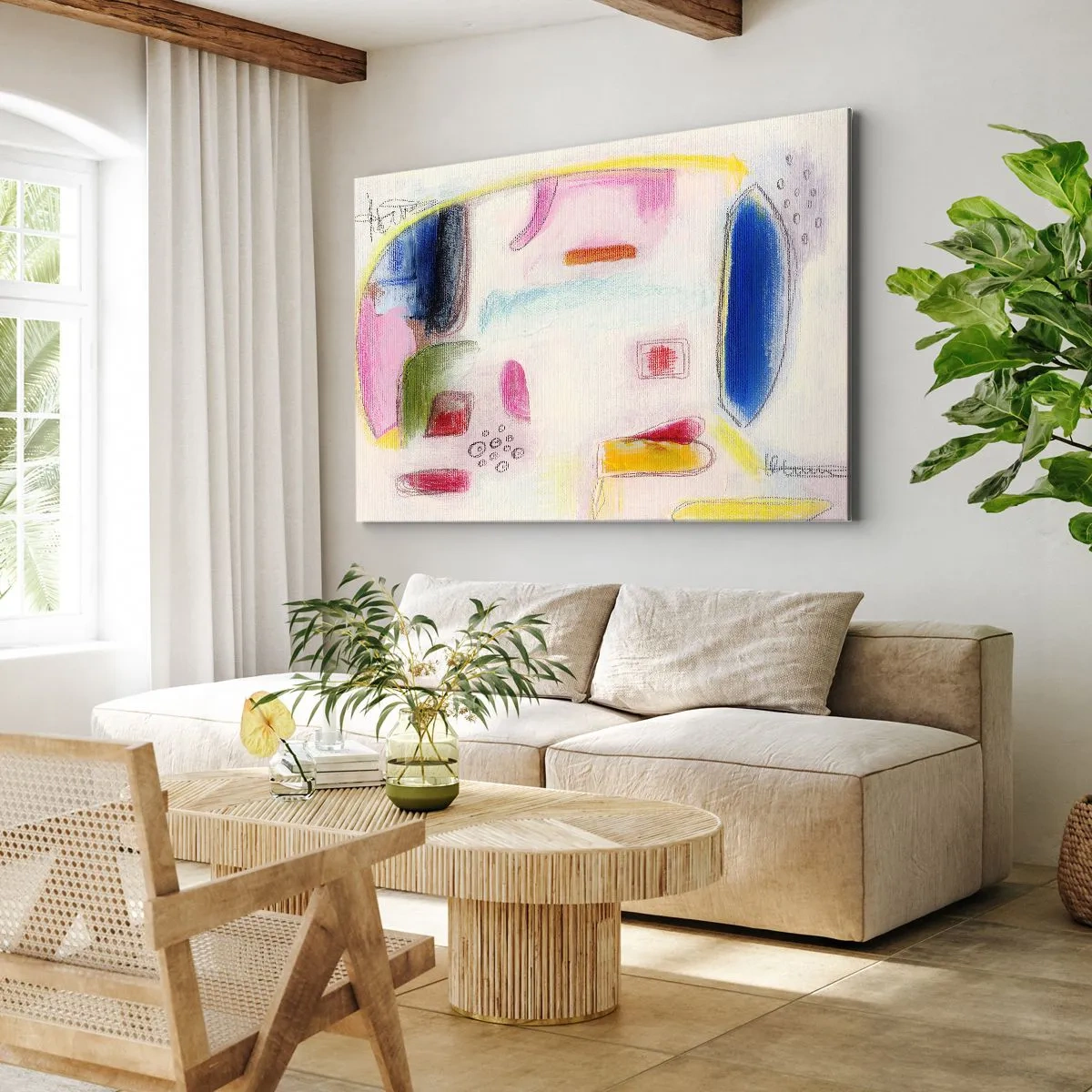 Bild auf Leinwand - Leinwandbild - Bunte abstrakte Formen auf hellem Hintergrund - 100x70cm - Eher konvex als konkav oder flach - Moderne Wanddekoration für Wohnzimmer und Schlafzimmer ARTTOR