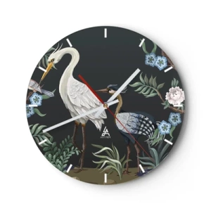 Wanduhr - Glasuhr - Dekorative Vögel zwischen Pflanzen auf dunklem Hintergrund - 30x30cm - Vogelparade - Moderne Wanddekoration für Wohnzimmer, Küche und Schlafzimmer ARTTOR