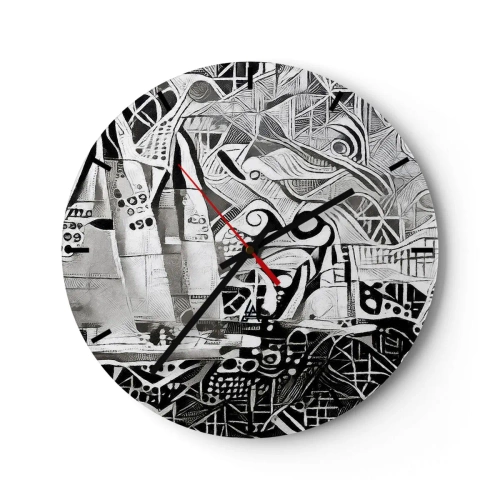 Wanduhr - Glasuhr - Schwarz-weiße abstrakte Wellen mit geometrischen Elementen - 30x30cm - Zwischen den Wellen - Moderne Wanddekoration für Wohnzimmer, Küche und Schlafzimmer ARTTOR