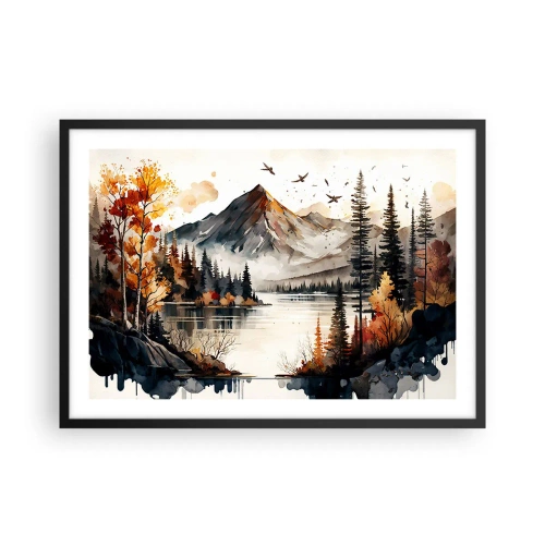 Poster in einem schwarzem Rahmen - Herbstliche Berglandschaft mit See und Bäumen in Aquarell - 70x50cm - Goldener Herbst in den Bergen - Moderne Wanddekoration für Wohnzimmer und Schlafzimmer ARTTOR