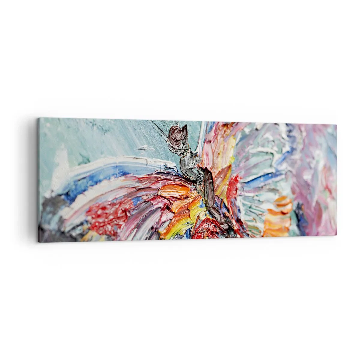 Bild auf Leinwand - Leinwandbild - Bunter Impasto-Schmetterling auf pastellfarbenem Hintergrund - 140x50cm - Von der Natur gemalt - Moderne Wanddekoration für Wohnzimmer und Schlafzimmer ARTTOR