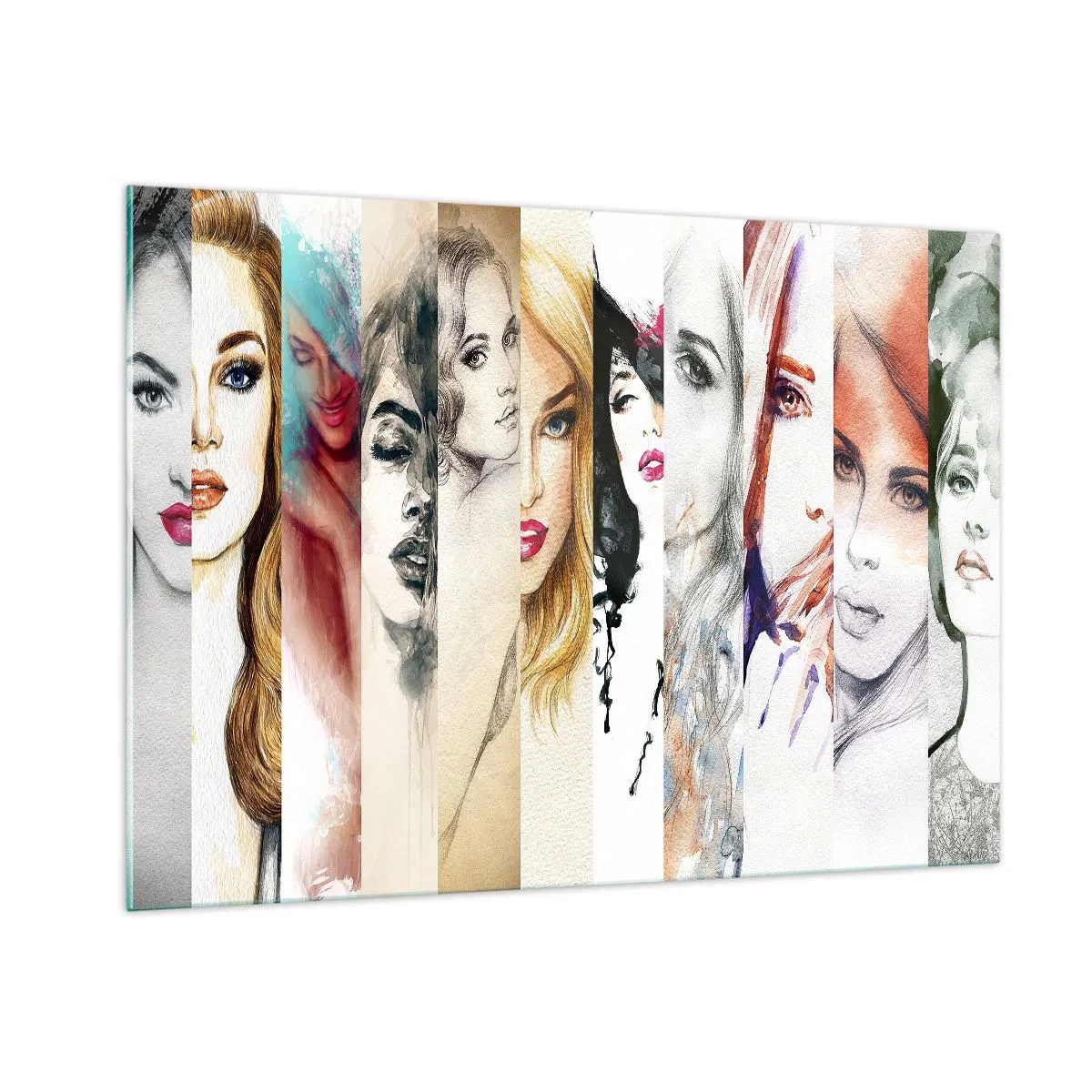Glasbild - Bild auf glas - Eine Collage aus Frauenporträts in verschiedenen künstlerischen Stilen. - 100x70cm - Und es ist immer DU - Moderne Wanddekoration für Wohnzimmer und Schlafzimmer ARTTOR