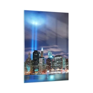 Glasbild - Bild auf glas - Nachtstadtpanorama mit zwei hellen Lichtstrahlen am Himmel - 70x100cm - Erreiche den Himmel mit dem Licht - Moderne Wanddekoration für Wohnzimmer und Schlafzimmer ARTTOR