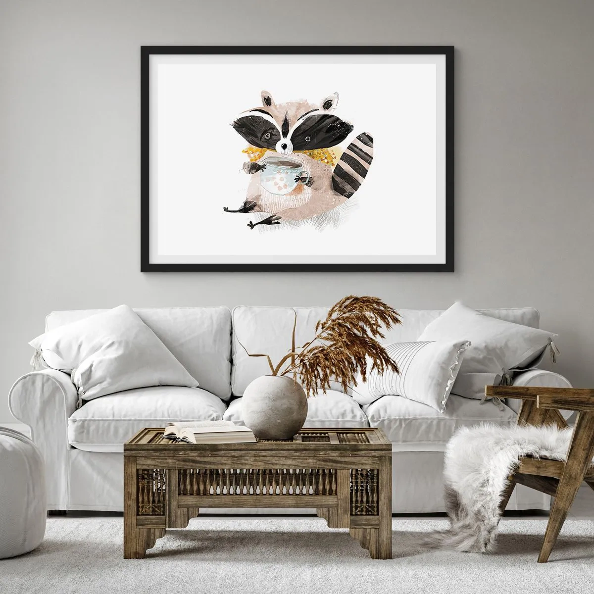 Poster in einem schwarzem Rahmen - Entzückender Waschbär mit einer pastellfarbenen Tasse - 70x50cm - Mein Freund der Waschbär - Moderne Wanddekoration für Wohnzimmer und Schlafzimmer ARTTOR