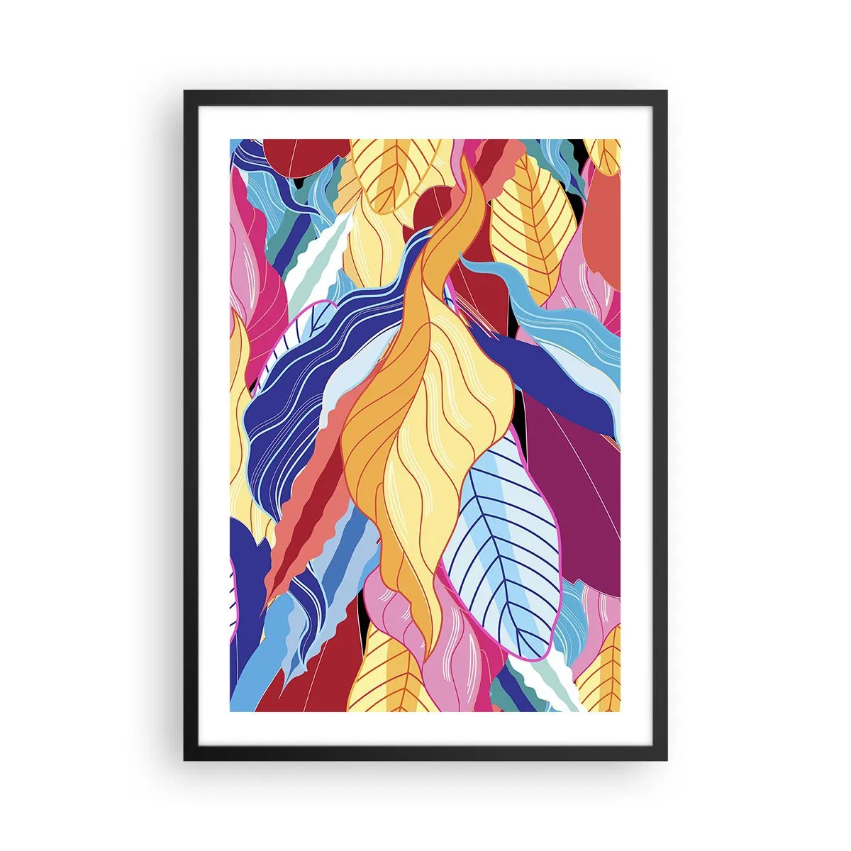 Poster in einem schwarzem Rahmen - Bunte Blätter im abstrakten Stil - 50x70cm - Buntes Durcheinander - Moderne Wanddekoration für Wohnzimmer und Schlafzimmer ARTTOR