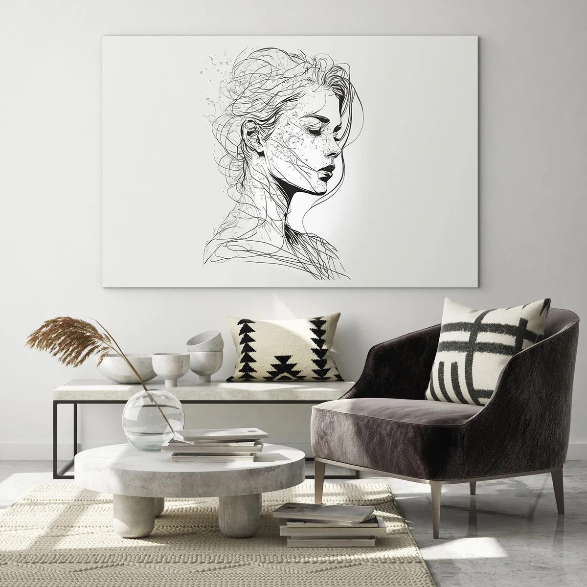 Glasbild - Bild auf glas - Eine Schwarz-Weiß-Skizze einer Frau mit geschlossenen Augen in einer zarten Linie. - 70x50cm - Porträt im Gedanken - Moderne Wanddekoration für Wohnzimmer und Schlafzimmer ARTTOR