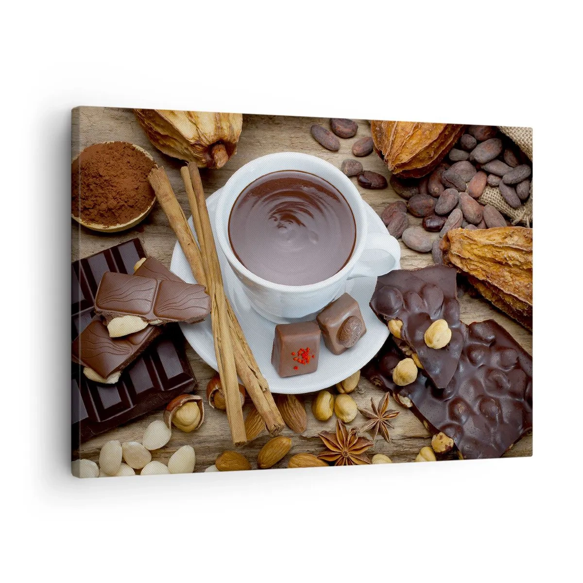 Bild auf Leinwand - Leinwandbild - Eine Tasse heiße Schokolade, umgeben von Dessertzutaten - 70x50cm - Aus einer märchenhaften Schokoladenfabrik - Moderne Wanddekoration für Wohnzimmer und Schlafzimmer ARTTOR