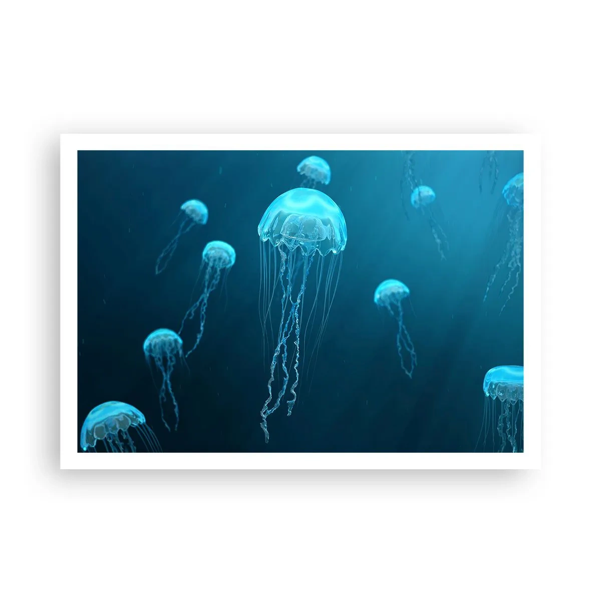 Poster - Quallen schwimmen in den Tiefen des Ozeans in Blautönen - 100x70cm - Ozeantanz - Moderne Wanddekoration für Wohnzimmer und Schlafzimmer ARTTOR