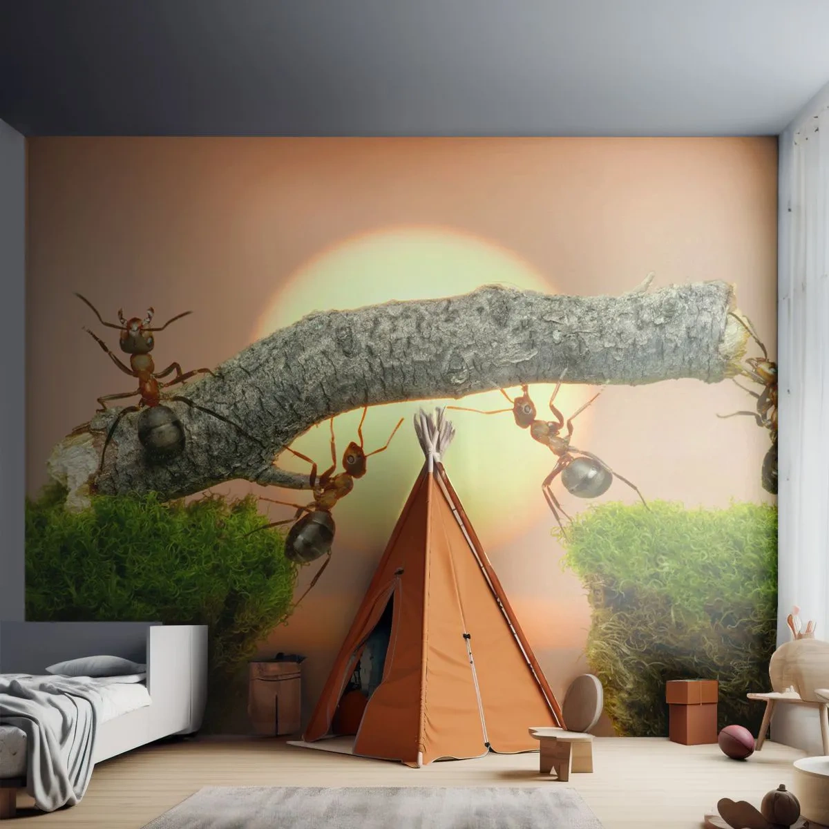 Selbstklebende Fototapete Deluxe Sticker - Glücklich, zusammen arbeiten - Natur, Ameisen, Sonnenuntergang - 500x350 cm