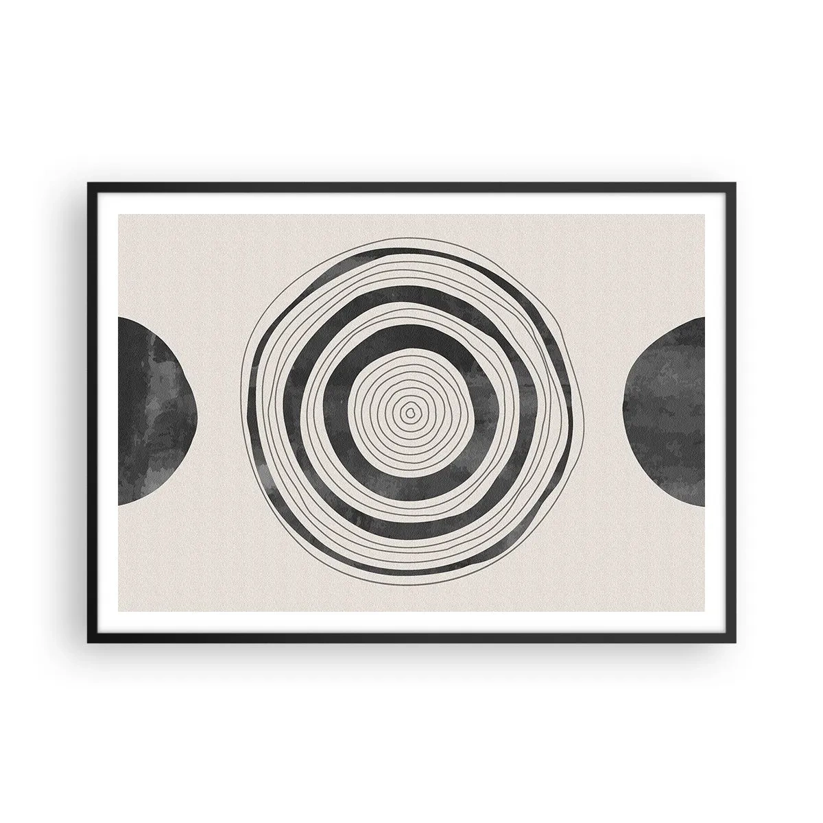 Poster in einem schwarzem Rahmen - Minimalistische schwarz-weiße Kreise auf hellem Hintergrund - 100x70cm - Wichtig ist, was dazwischen liegt - Moderne Wanddekoration für Wohnzimmer und Schlafzimmer ARTTOR