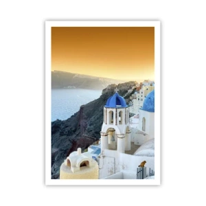Poster - Santorini - an die Felsen gekuschelt - 70x100 cm