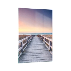 Glasbild - Bild auf glas - Ein Holzsteg führt bei Sonnenuntergang zum Strand, der Himmel ist in Pastellfarben gemalt. - 70x100cm - Baltische Abend-Aurora - Moderne Wanddekoration für Wohnzimmer und Schlafzimmer ARTTOR