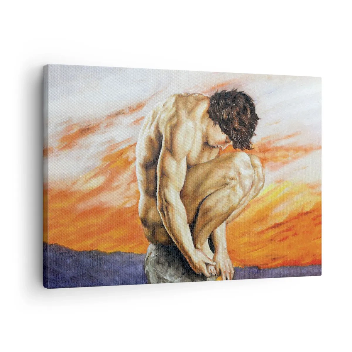 Bild auf Leinwand - Leinwandbild - Ein Mann in Gedanken versunken vor dem Hintergrund eines Sonnenuntergangs - 70x50cm - In sich versunken - Moderne Wanddekoration für Wohnzimmer und Schlafzimmer ARTTOR