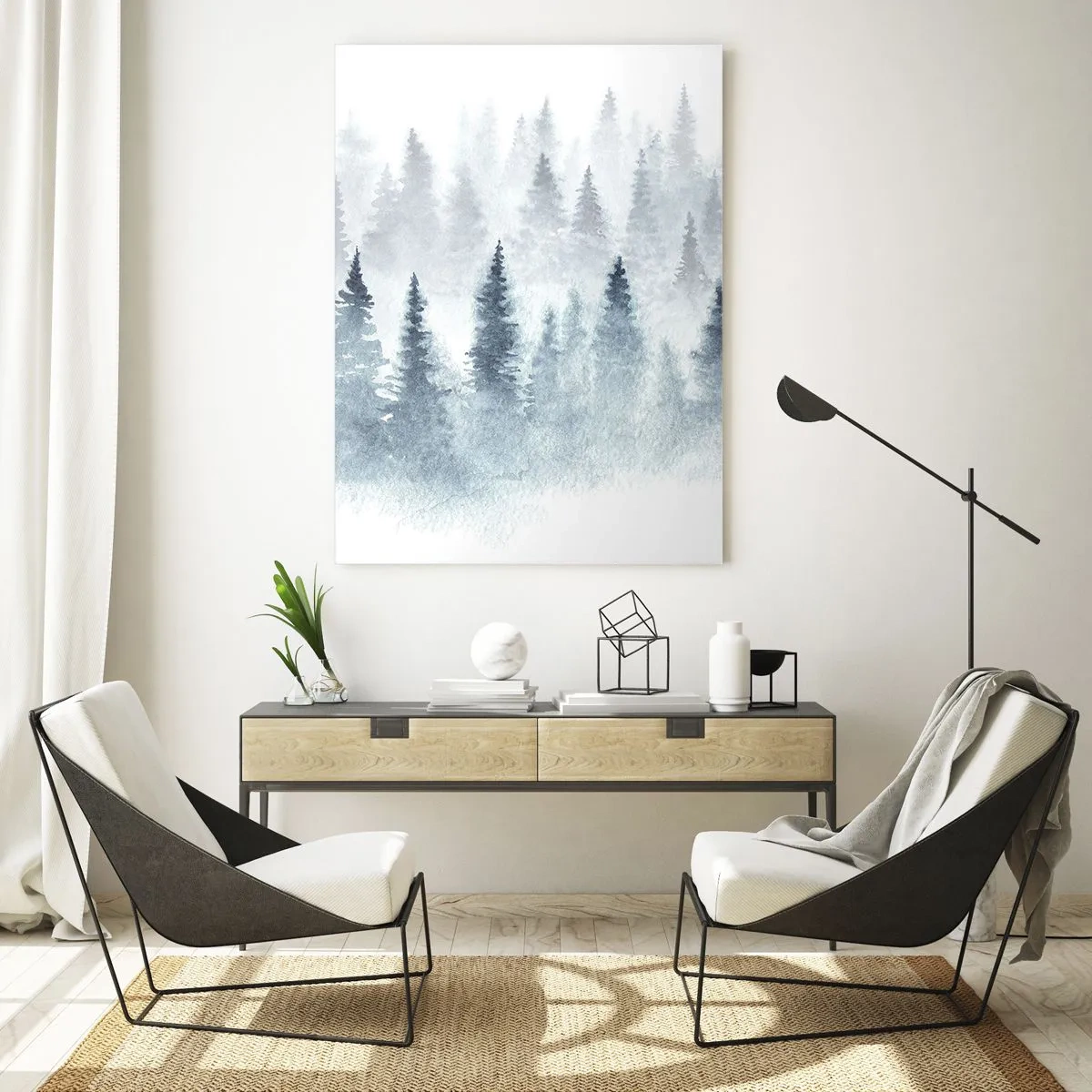 Glasbild - Bild auf glas - Nadelwälder in zartem Nebel getaucht - 80x120cm - In Nebel gehüllt - Moderne Wanddekoration für Wohnzimmer und Schlafzimmer ARTTOR
