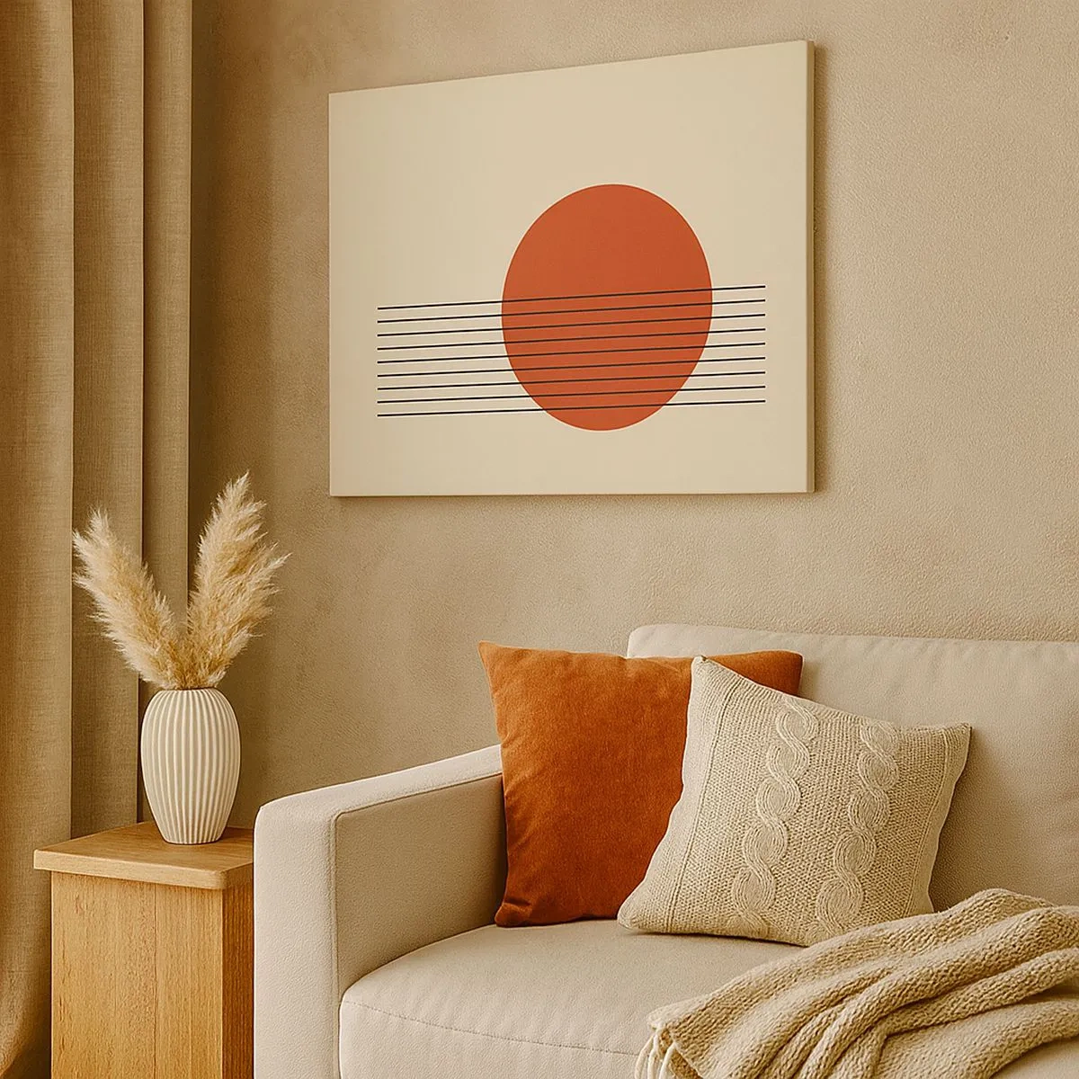 Bild auf Leinwand - Leinwandbild - Abstrakter roter Kreis mit Linien auf beigem Hintergrund. - 70x50cm - Immer wieder und weiter - Moderne Wanddekoration für Wohnzimmer und Schlafzimmer ARTTOR