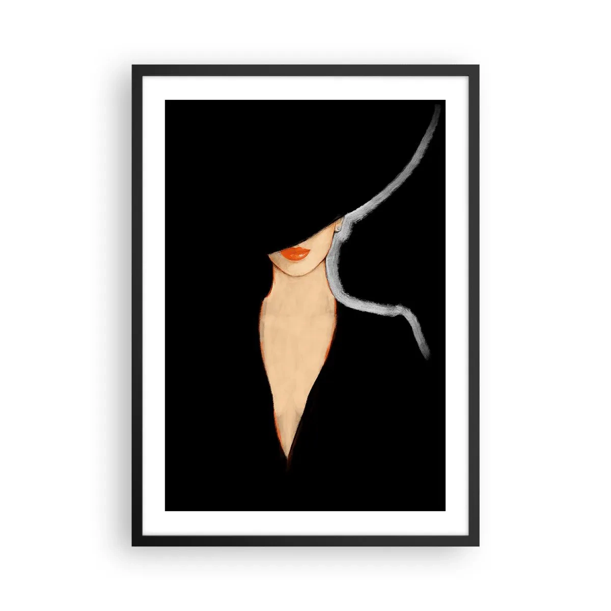 Poster in einem schwarzem Rahmen - Eine Frau mit Hut und roten Lippen auf schwarzem Hintergrund - 50x70cm - Eleganz und Stil - Moderne Wanddekoration für Wohnzimmer und Schlafzimmer ARTTOR