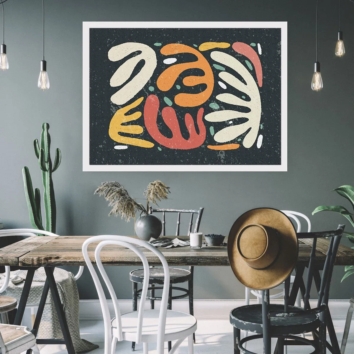 Poster - Abstrakte Formen in warmen Farben auf dunklem Hintergrund - 100x70cm - Komposition – Ich erwische dich gleich - Moderne Wanddekoration für Wohnzimmer und Schlafzimmer ARTTOR