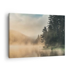 Bild auf Leinwand - Leinwandbild - Ein nebliger Wald über einem ruhigen See - 70x50cm - Die Geburt des Tages - Moderne Wanddekoration für Wohnzimmer und Schlafzimmer ARTTOR