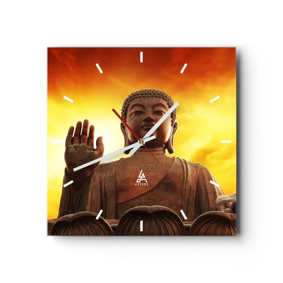 Wanduhr - Glasuhr - Eine Buddha-Statue vor einem goldenen Sonnenuntergangshimmel - 30x30cm - Frieden der Welt - Moderne Wanddekoration für Wohnzimmer und Schlafzimmer ARTTOR