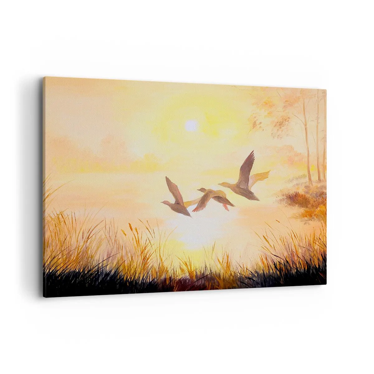 Bild auf Leinwand - Leinwandbild - Enten fliegen bei Sonnenaufgang über den See - 100x70cm - Der Beginn einer langen Reise - Moderne Wanddekoration für Wohnzimmer und Schlafzimmer ARTTOR