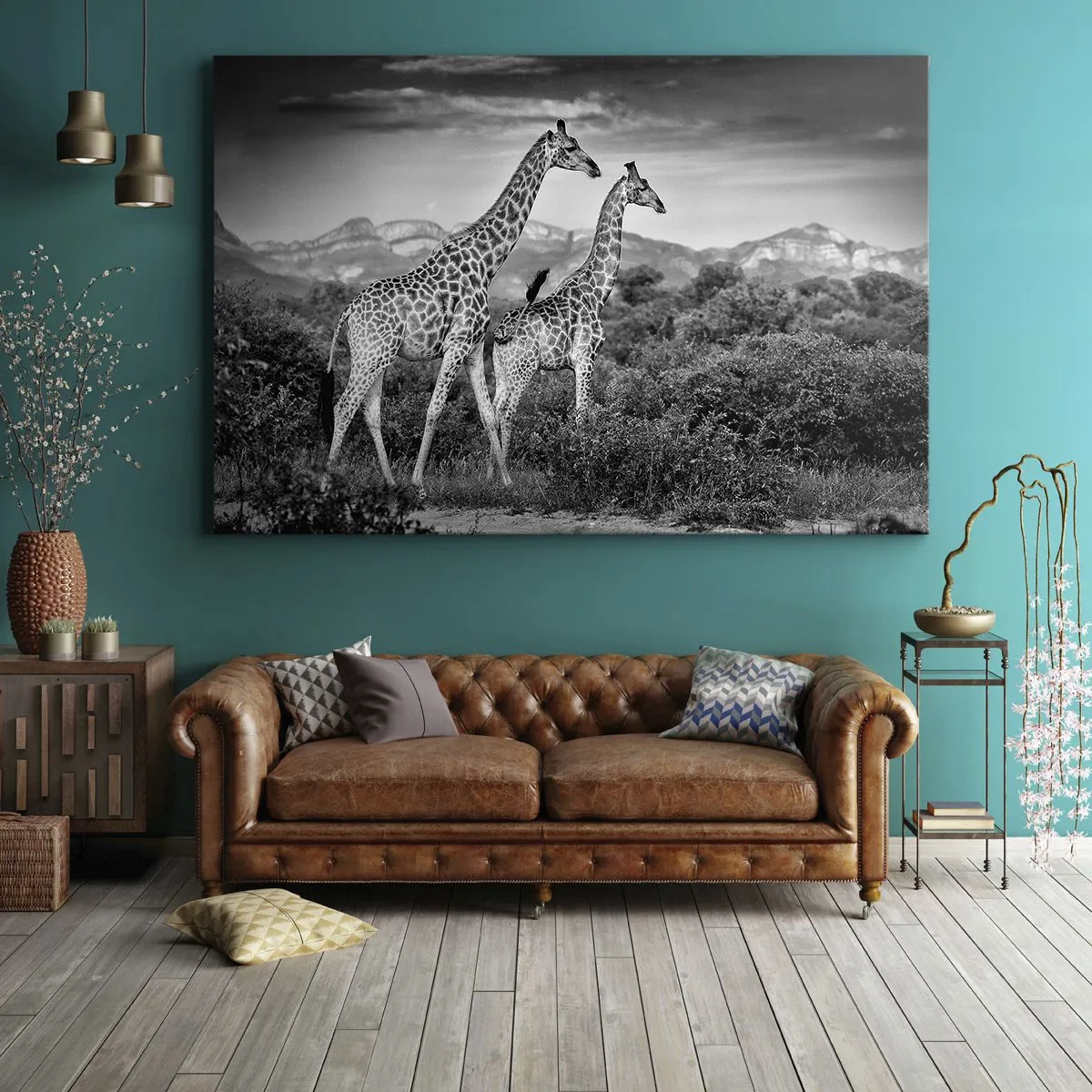 Bild auf Leinwand - Leinwandbild - Schwarz-weiße Silhouetten zweier Giraffen in der Savanne - 120x80cm - Hohe Sphären in Afrika - Moderne Wanddekoration für Wohnzimmer und Schlafzimmer ARTTOR