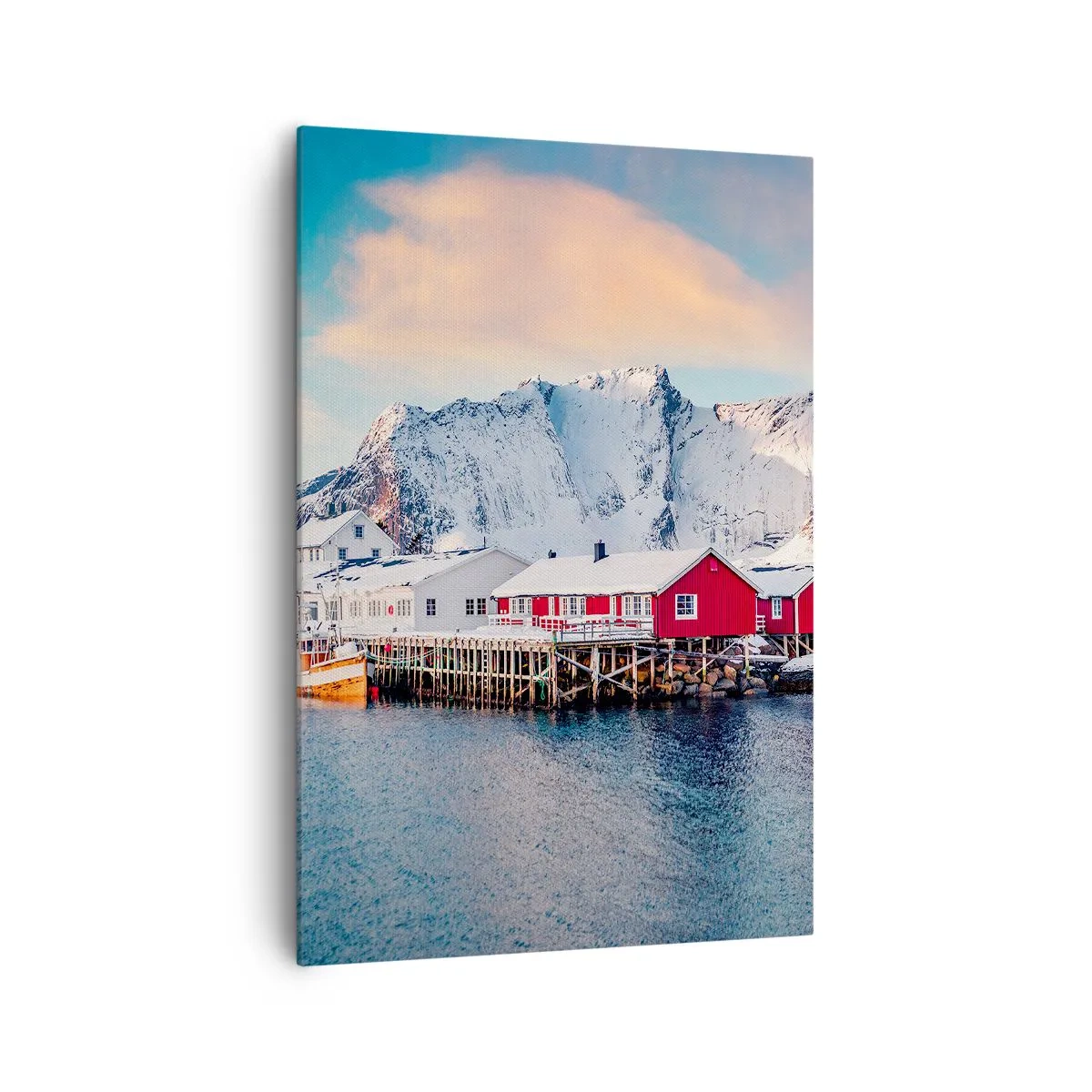 Bild auf Leinwand - Leinwandbild - Rote Häuser vor dem Hintergrund schneebedeckter Berge und des blauen Meeres - 70x100cm - Nördlicher Rückzug - Moderne Wanddekoration für Wohnzimmer und Schlafzimmer ARTTOR