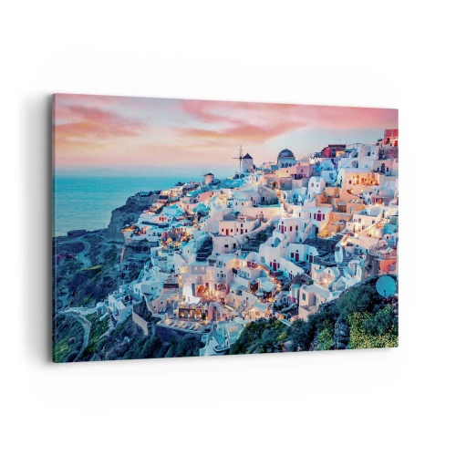 Bild auf Leinwand - Leinwandbild - Santorini bei Sonnenuntergang mit weißen Gebäuden auf dem Hügel - 100x70cm - Dein toller griechischer Urlaub - Moderne Wanddekoration für Wohnzimmer und Schlafzimmer ARTTOR