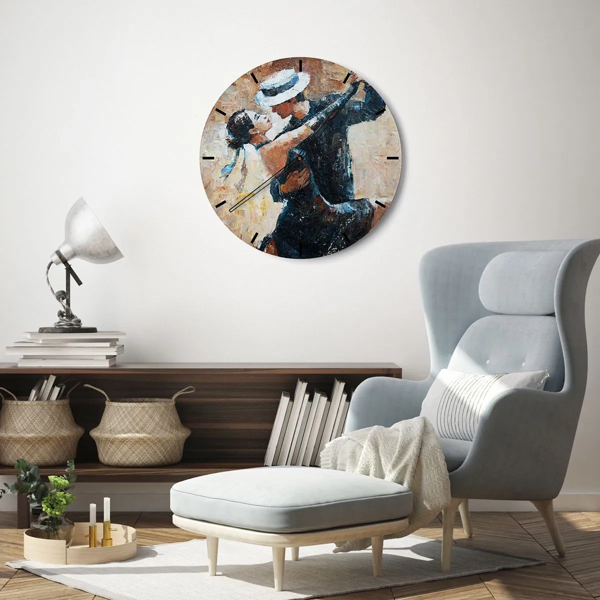Wanduhr - Glasuhr - Ein Paar tanzt in eleganten Outfits, mit Hut und einer dynamischen Pose - 30x30cm - A la Rudolf Valentino - Moderne Wanddekoration für Wohnzimmer, Küche und Schlafzimmer ARTTOR