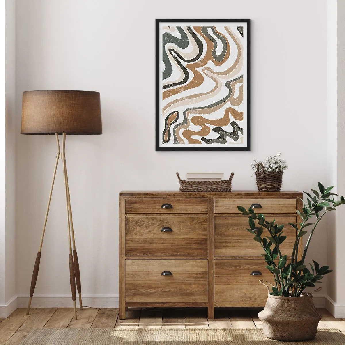 Poster in einem schwarzem Rahmen - Abstrakte organische Muster in Erdtönen - 50x70cm - Mäander in Erdfarben - Moderne Wanddekoration für Wohnzimmer und Schlafzimmer ARTTOR