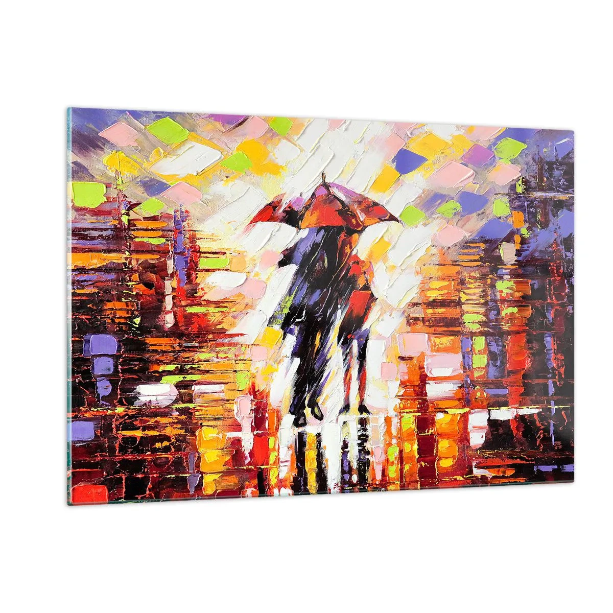 Glasbild - Bild auf glas - Ein Paar unter einem roten Regenschirm in einer bunten Stadt - 120x80cm - Gemeinsam durch die Nacht und den Regen - Moderne Wanddekoration für Wohnzimmer und Schlafzimmer ARTTOR