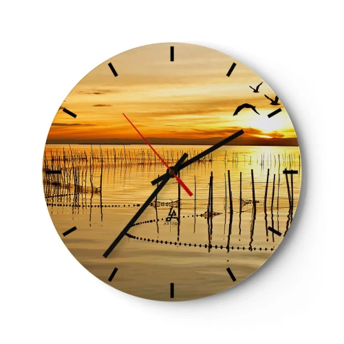 Wanduhr - Glasuhr - Sonnenuntergang über dem Wasser mit Vögeln im Flug - 30x30cm - In der Fischerei - Moderne Wanddekoration für Wohnzimmer, Küche und Schlafzimmer ARTTOR