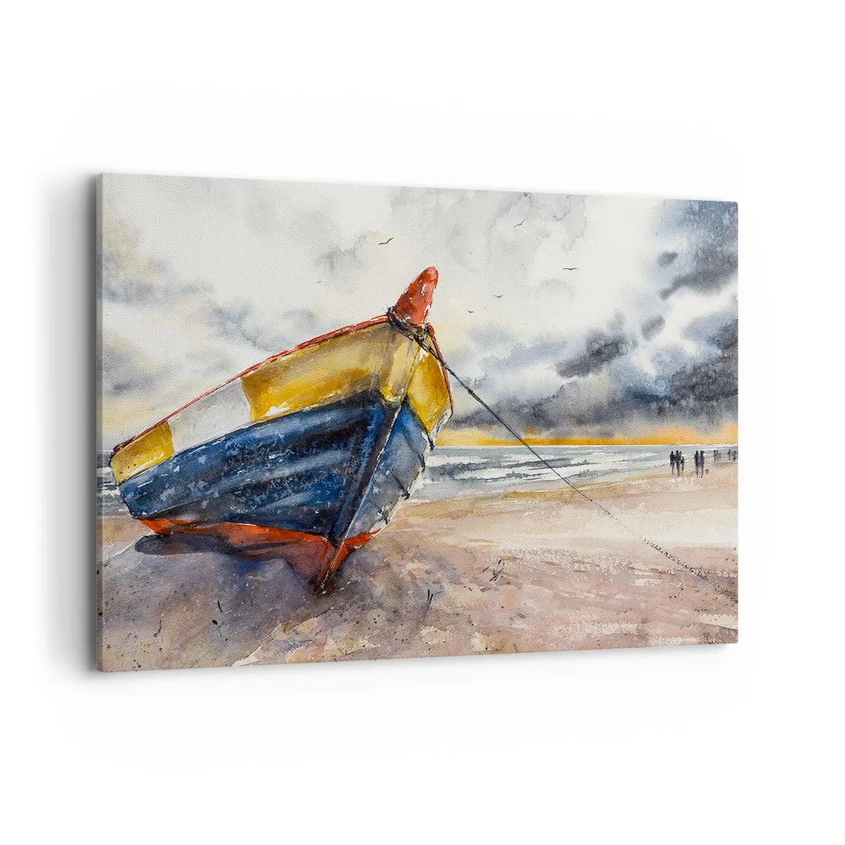 Bild auf Leinwand - Leinwandbild - Ein malerisches Boot am Strand unter einem bewölkten Himmel - 100x70cm - Erholung am Ufer - Moderne Wanddekoration für Wohnzimmer und Schlafzimmer ARTTOR