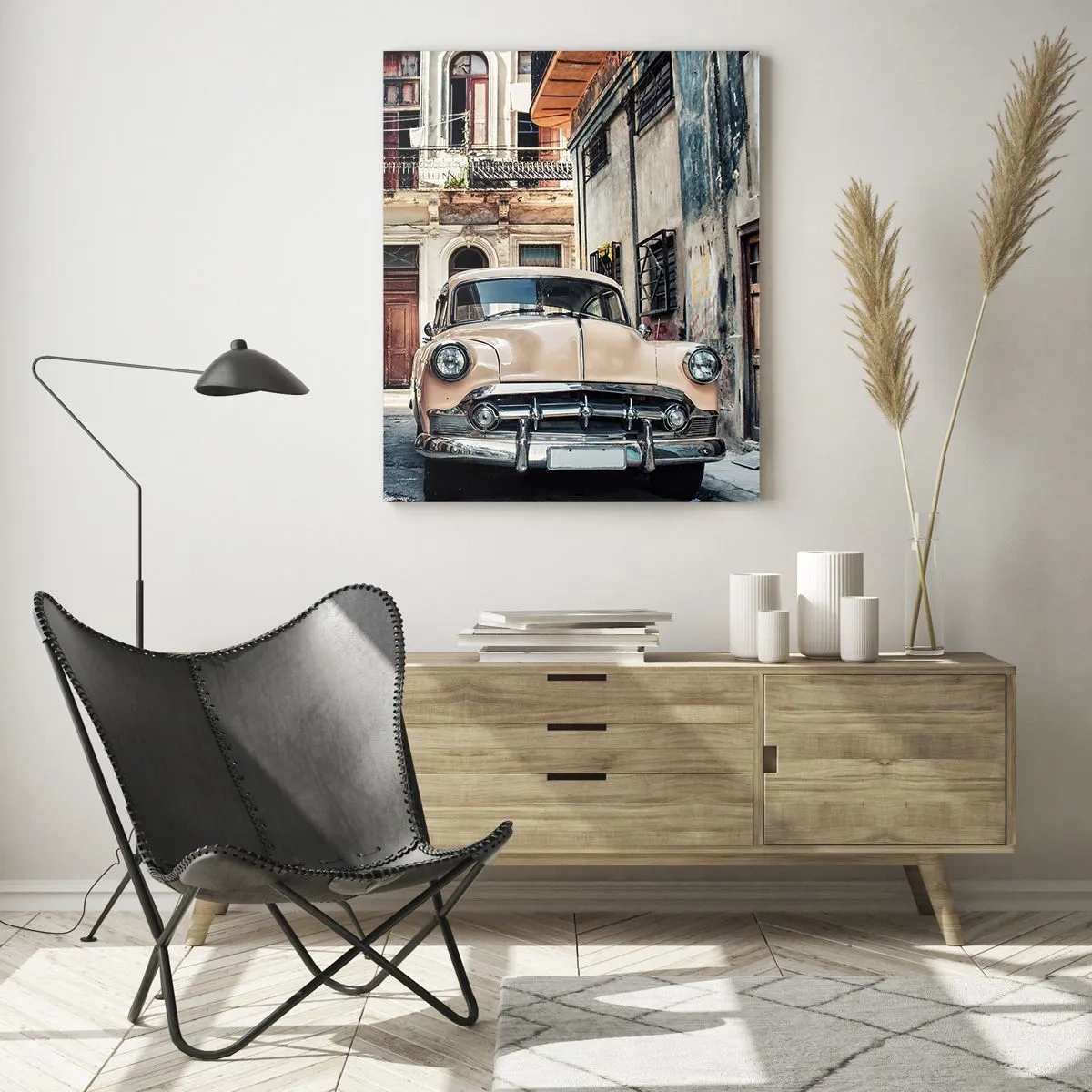Glasbild - Bild auf glas - Retro-Auto auf der Straße der Altstadt - 50x70cm - Die Siesta in Havanna - Moderne Wanddekoration für Wohnzimmer und Schlafzimmer ARTTOR