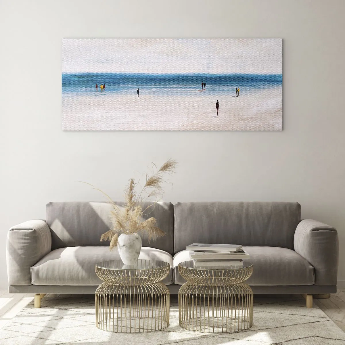 Glasbild - Bild auf glas - Ein Strand mit Menschen vor der Kulisse eines ruhigen Meeres - 140x50cm - Natürliches Bedürfnis - Moderne Wanddekoration für Wohnzimmer und Schlafzimmer ARTTOR