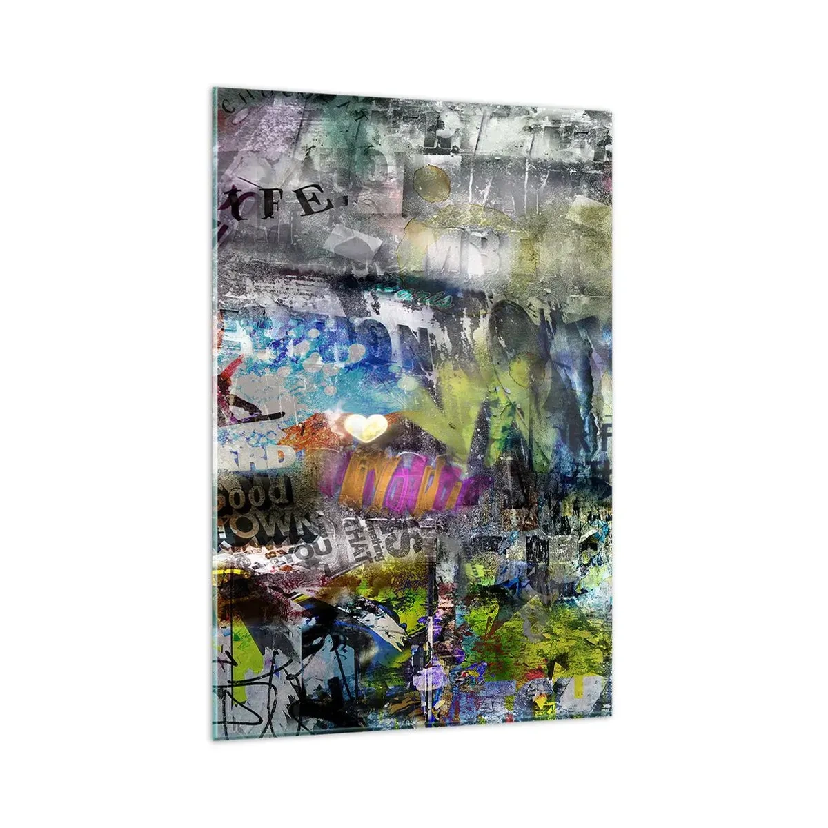 Glasbild - Bild auf glas - Abstrakte Collage mit Text und verschiedenen Farben - 80x120cm - Collage aus Erinnerungen - Moderne Wanddekoration für Wohnzimmer und Schlafzimmer ARTTOR