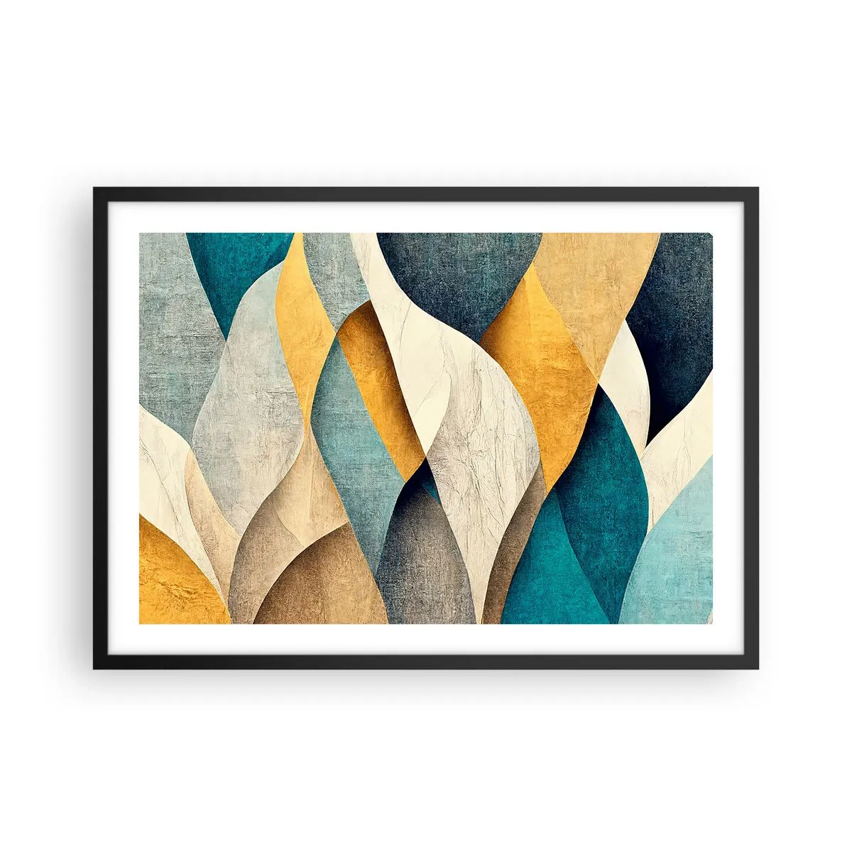 Poster in einem schwarzem Rahmen - Abstrakte Wellen in Blau- und Goldtönen - 70x50cm - Rhythmus und Welle - Moderne Wanddekoration für Wohnzimmer und Schlafzimmer ARTTOR