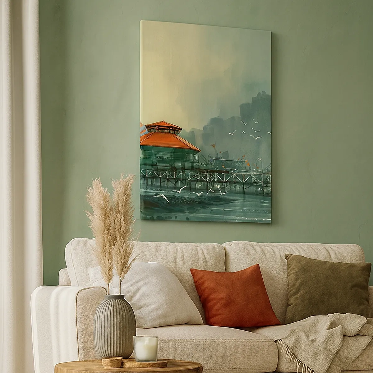Bild auf Leinwand - Leinwandbild - Hafengebäude in einer regnerischen Landschaft mit Möwen - 50x70cm - Ein sonniger Tag im Hafen - Moderne Wanddekoration für Wohnzimmer und Schlafzimmer ARTTOR