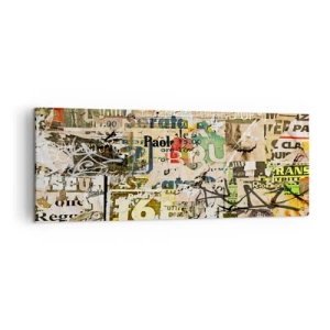 Bild auf Leinwand - Leinwandbild - Eine Collage aus Zeitungs- und Plakatfragmenten im künstlerischen Stil. - 140x50cm - Ach, es passiert... - Moderne Wanddekoration für Wohnzimmer und Schlafzimmer ARTTOR