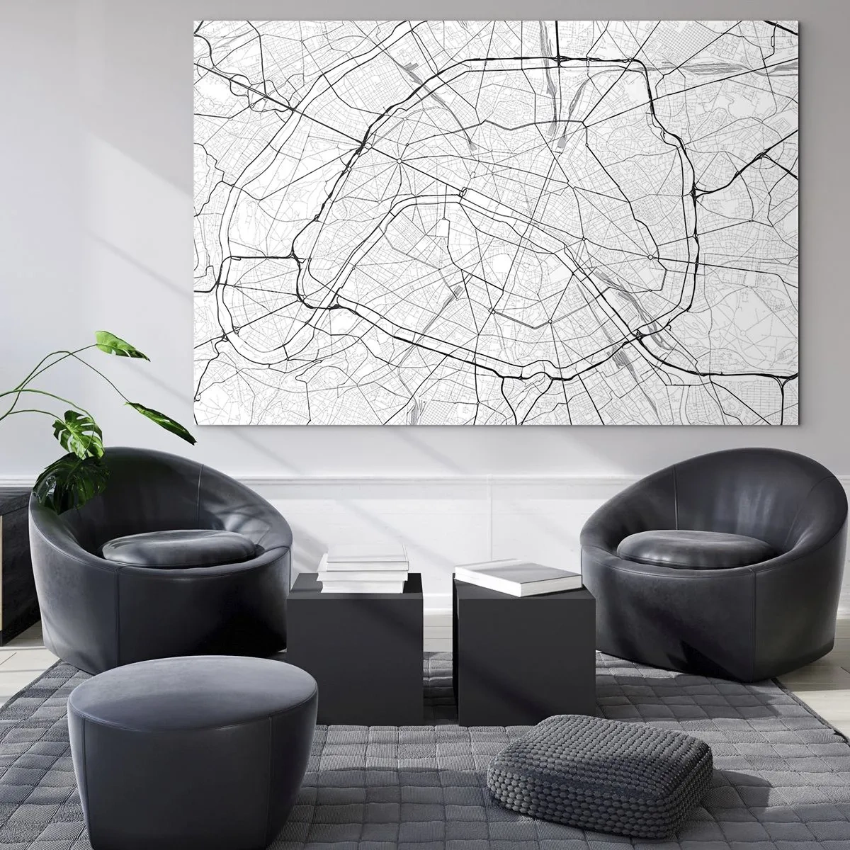 Glasbild - Bild auf glas - Schwarz-weißer Stadtplan mit Straßenraster und Ringstraßen - 120x80cm - Pariser Blume - Moderne Wanddekoration für Wohnzimmer und Schlafzimmer ARTTOR