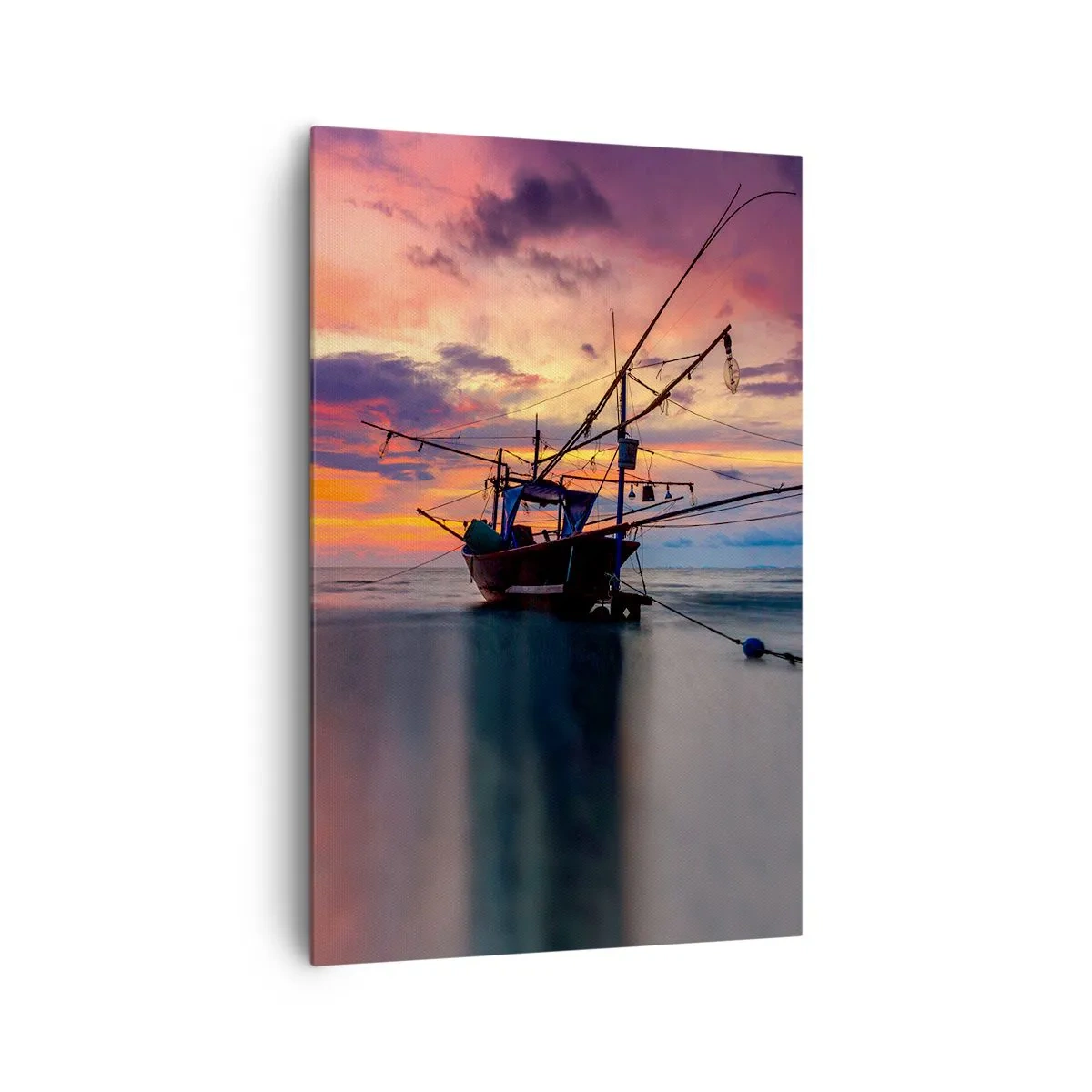 Bild auf Leinwand - Leinwandbild - Ein Fischerboot vor der Kulisse eines farbenfrohen Sonnenuntergangs - 80x120cm - Exotischer Abend - Moderne Wanddekoration für Wohnzimmer und Schlafzimmer ARTTOR