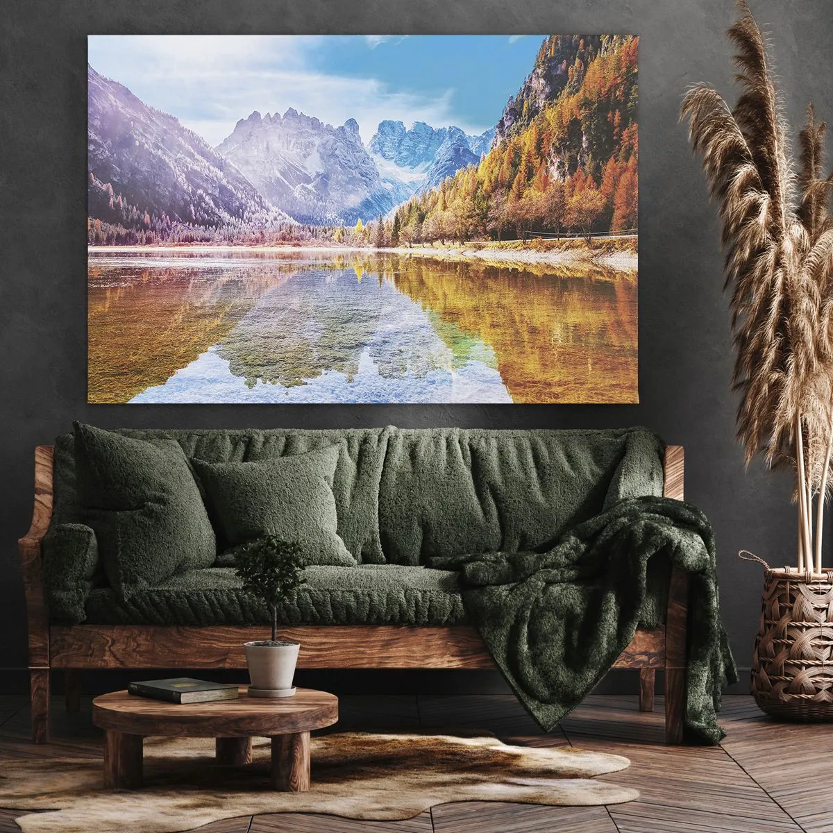 Bild auf Leinwand - Leinwandbild - Herbstliche Berglandschaft mit See - 120x80cm - Und in den Bergen ist es schon Herbst - Moderne Wanddekoration für Wohnzimmer und Schlafzimmer ARTTOR
