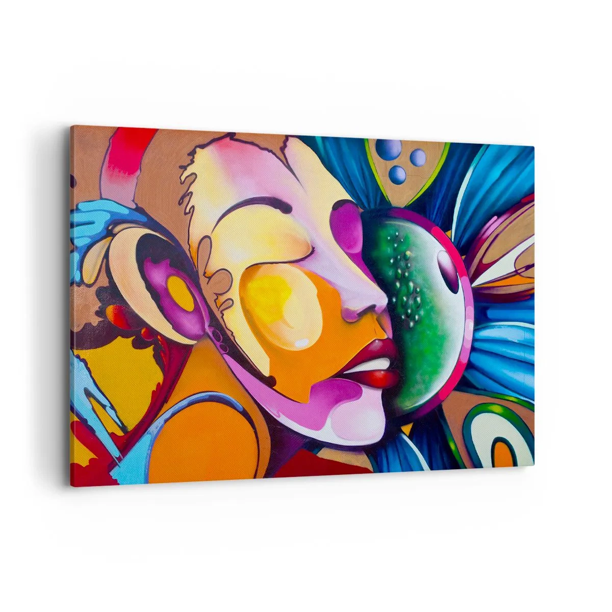 Bild auf Leinwand - Leinwandbild - Eine farbenfrohe Abstraktion mit einem Gesichtsmotiv in einer dynamischen Komposition - 100x70cm - Mit Farbe berühren - Moderne Wanddekoration für Wohnzimmer und Schlafzimmer ARTTOR