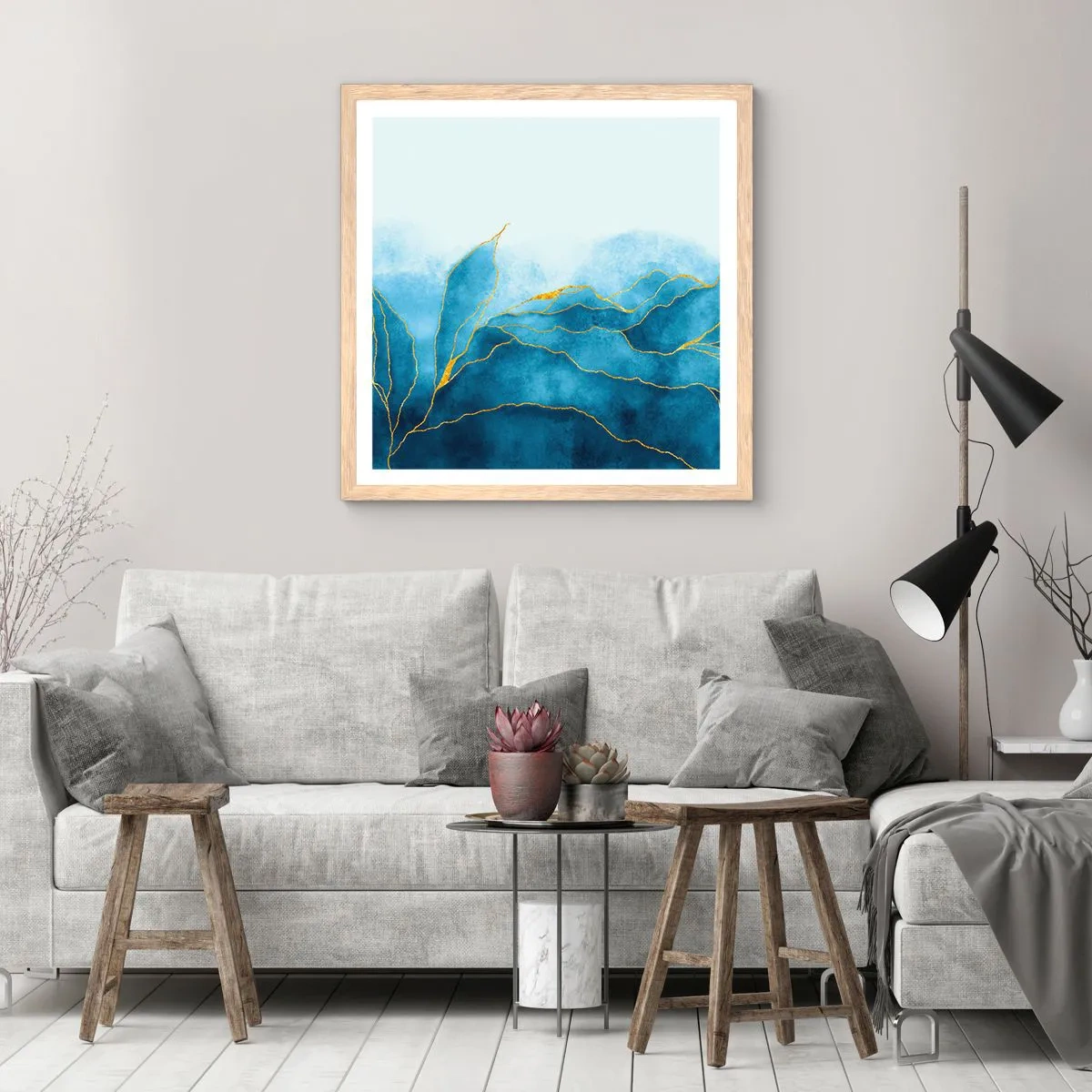 Poster in einem Rahmen aus heller Eiche - Blau im Gold - 50x50 cm